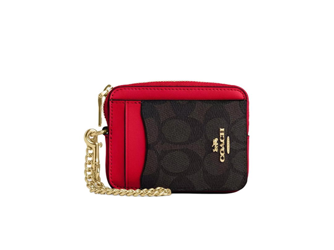 Coach Coach Zip Card Case in Signature Canva Walnut Bold Red