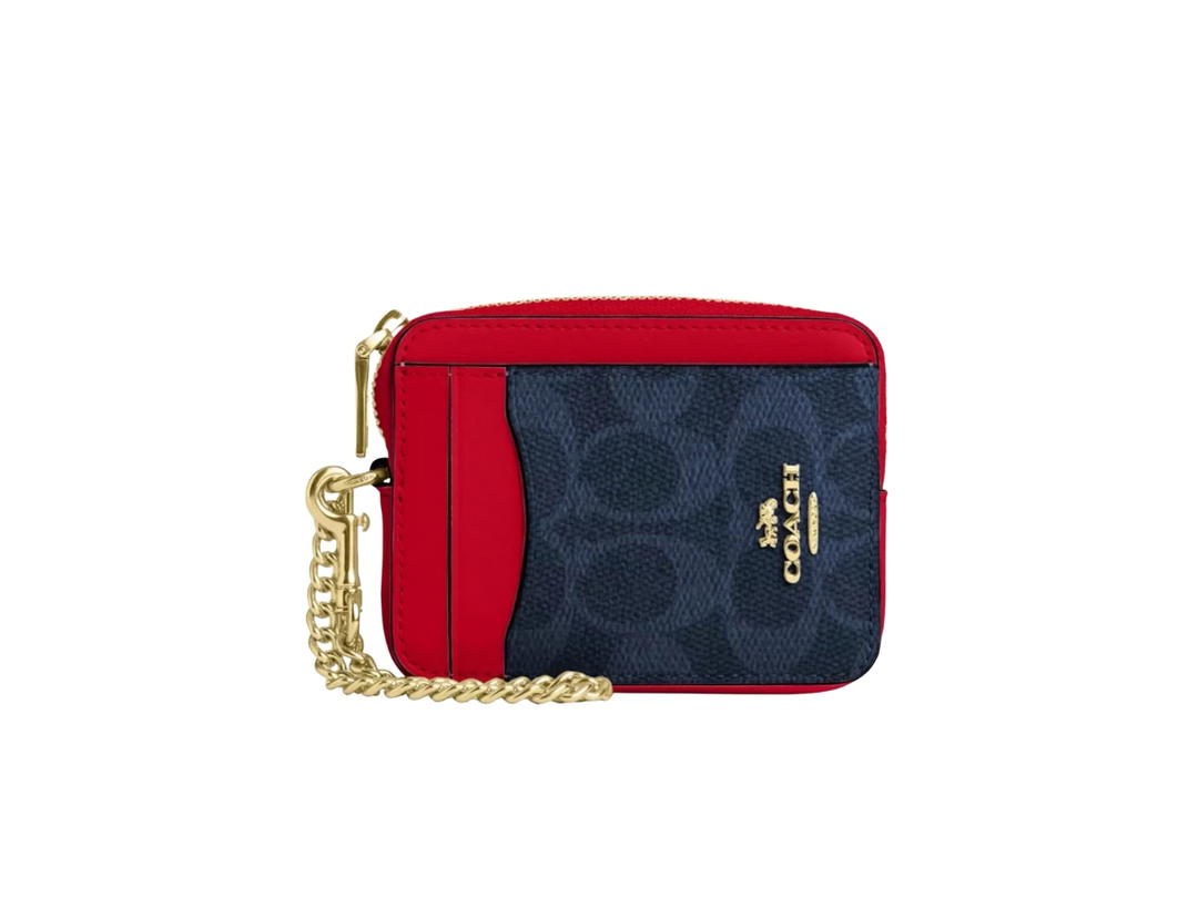 Coach Coach Zip Card Case In Signature Canvas Denim Bold Red