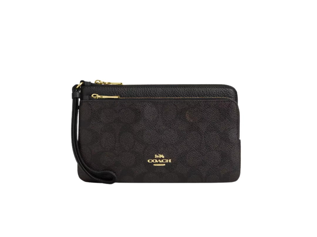 Coach Coach Double Zip Wallet In Signature Canvas Gold Walnut Black