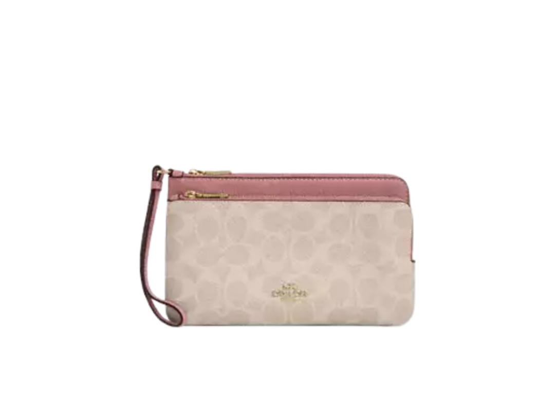 Coach Coach Double Zip Wallet In Signature Canvas Sand Peony