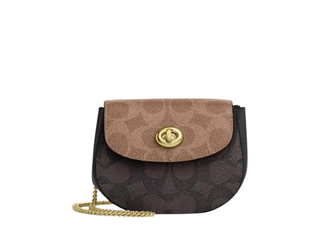 Coach Coach Turnlock Card Case In Blocked Signature Canvas Walnut Tan