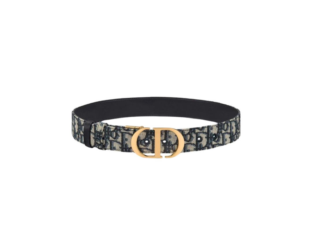 Dior Dior 30 Montaigne 35 MM In Blue Dior Oblique Jacquard Smooth Calfskin Reversible Belt With Shiny Gold-Finish Metal