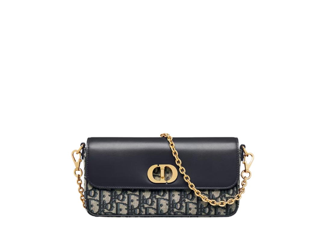 Dior Dior 30 Montaigne Avenue East West Double Carry Mini Bag In Smooth Calfskin Leather And Dior Oblique Jacquard With Gold Hardware Blue