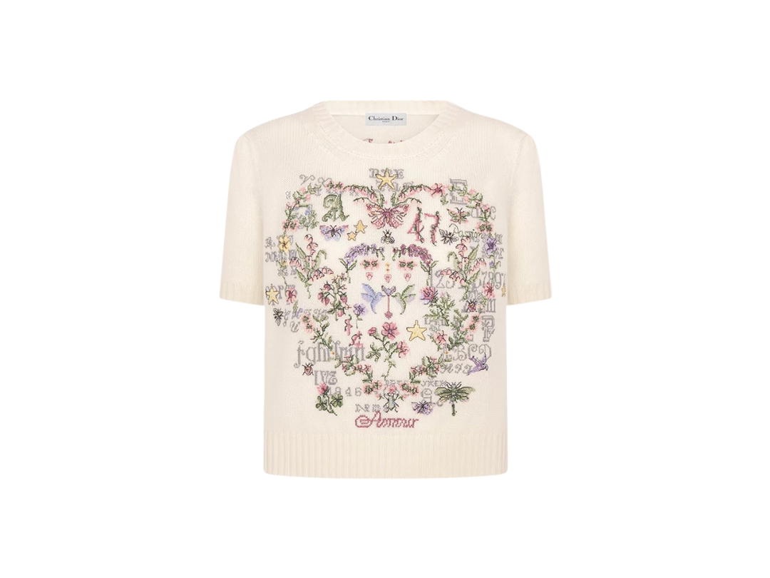 Dior Dior amour Short-Sleeved Embroidered Sweater Ecru Cashmere Knit with Multicolor Amour 1947 Motif