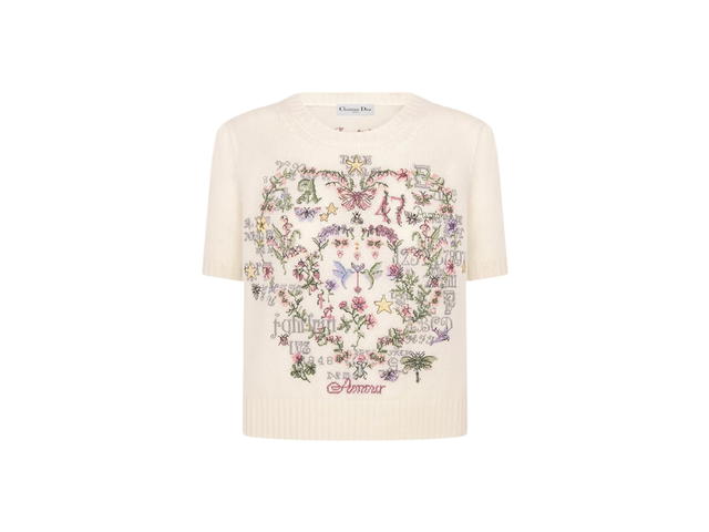 Dior Dior amour Short-Sleeved Embroidered Sweater Ecru Cashmere Knit with Multicolor Amour 1947 Motif - view 1