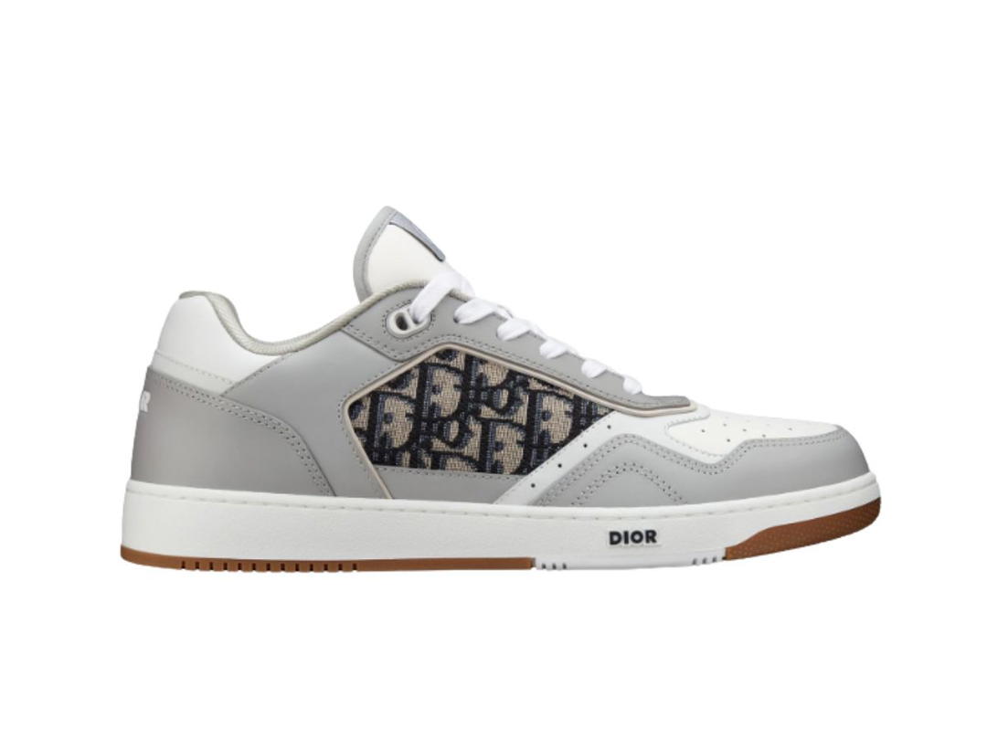 Dior Dior B27 Low-Top Sneaker In Gray And White Smooth Calfskin With Beige And Black Dior Oblique Jacquard