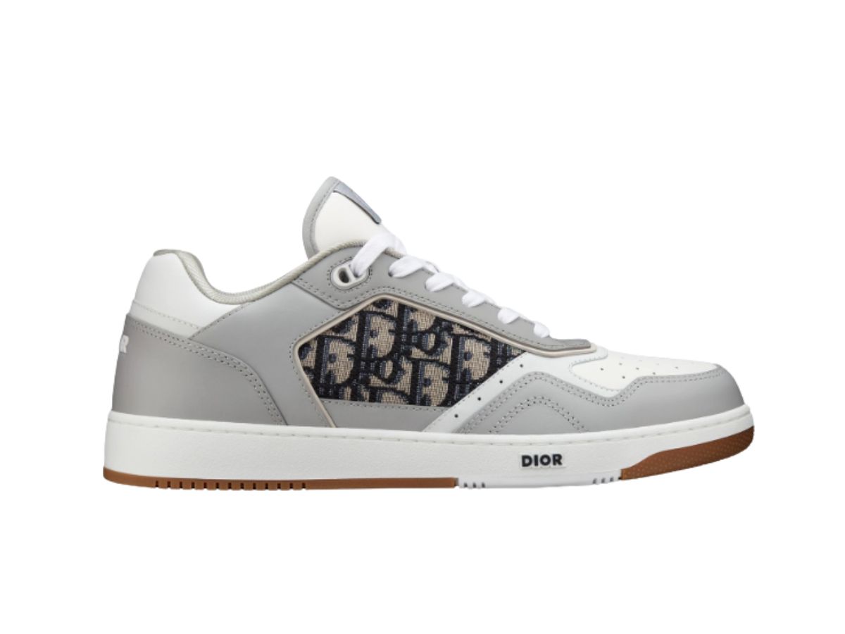 Dior Dior B27 Low-Top Sneaker In Gray And White Smooth Calfskin With Beige And Black Dior Oblique Jacquard