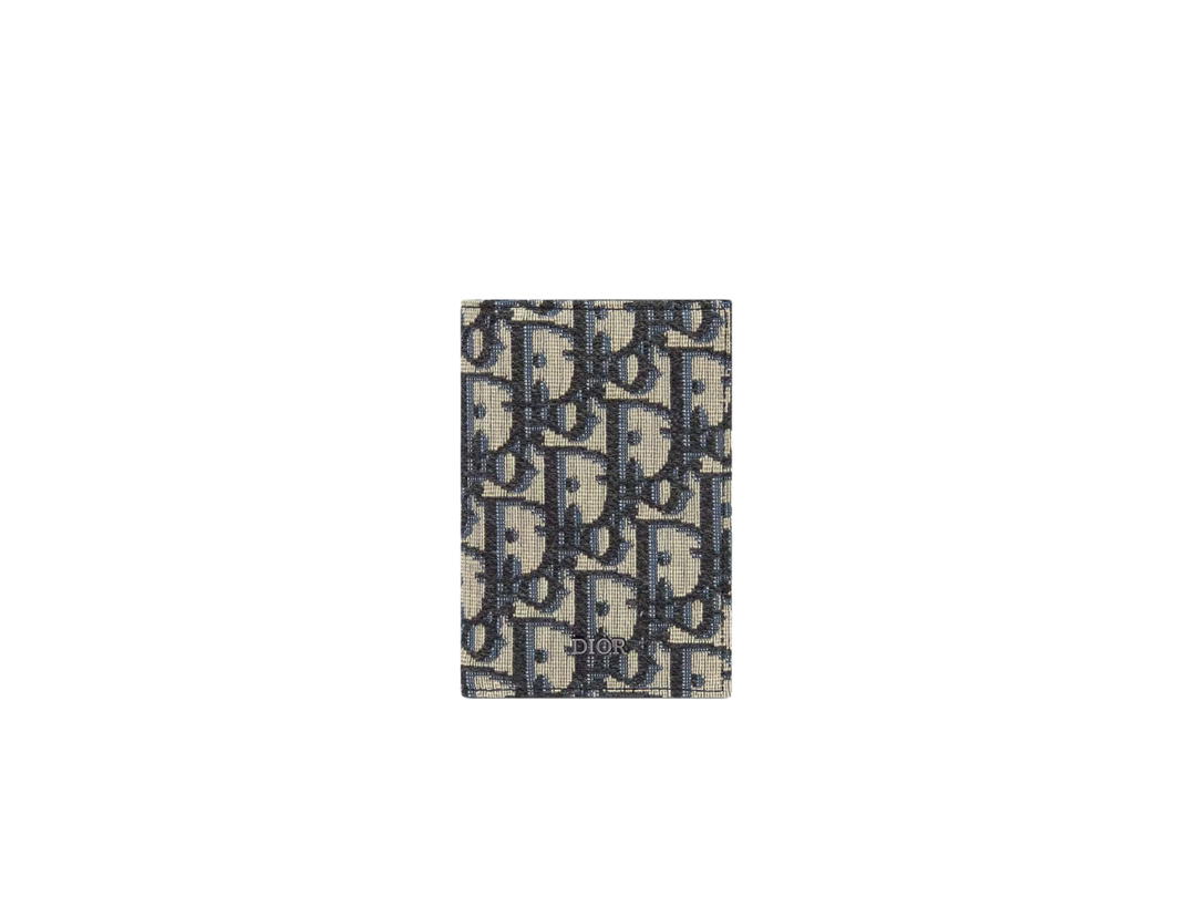 Dior Dior Bi-Fold Card Holder In Beige And Black Dior Oblique Jacquard With Ruthenium-Finish Brass