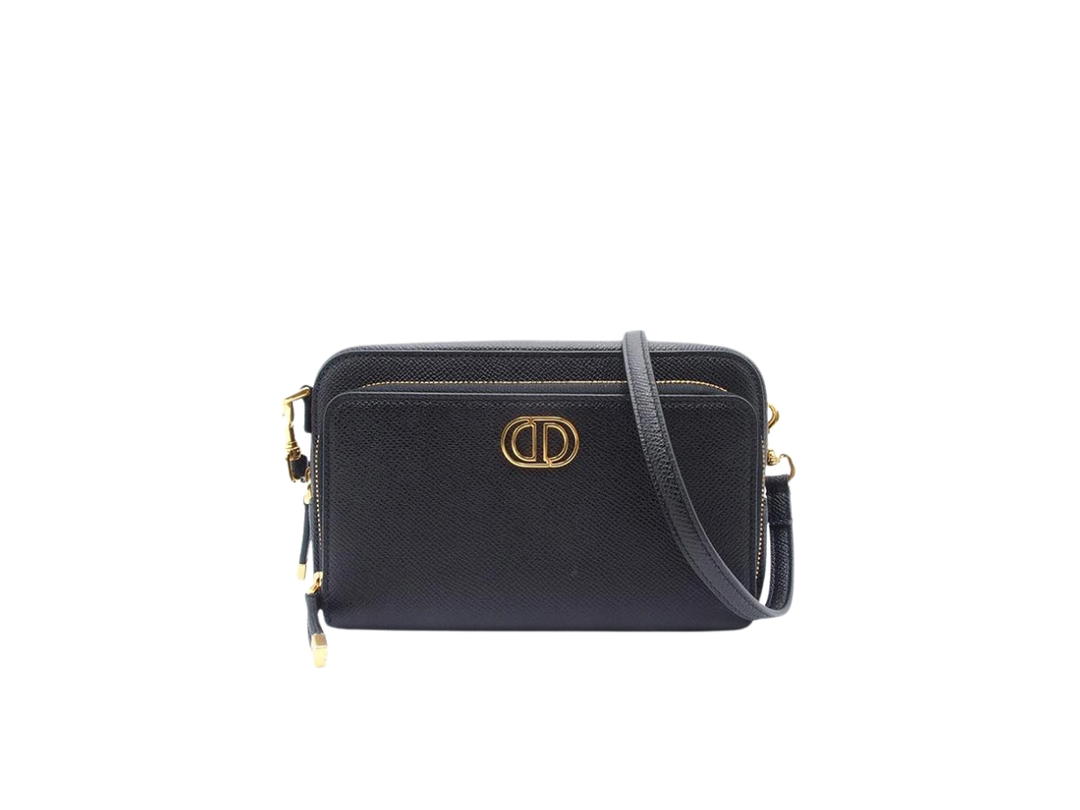 Dior Dior Caro Double Pouch In Black Grained Calfskin With Gold Finish Hardware