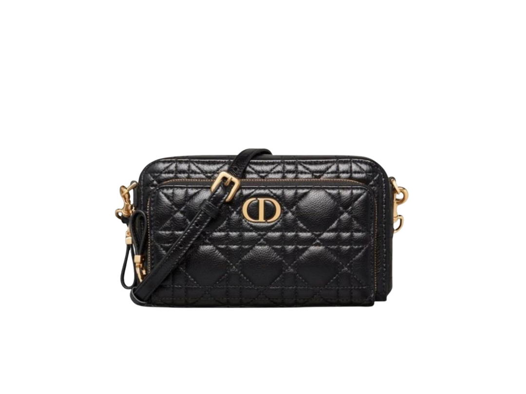Dior Dior Caro Double Pouch In Supple Cannage Calfskin With Gold-tone Hardware Black