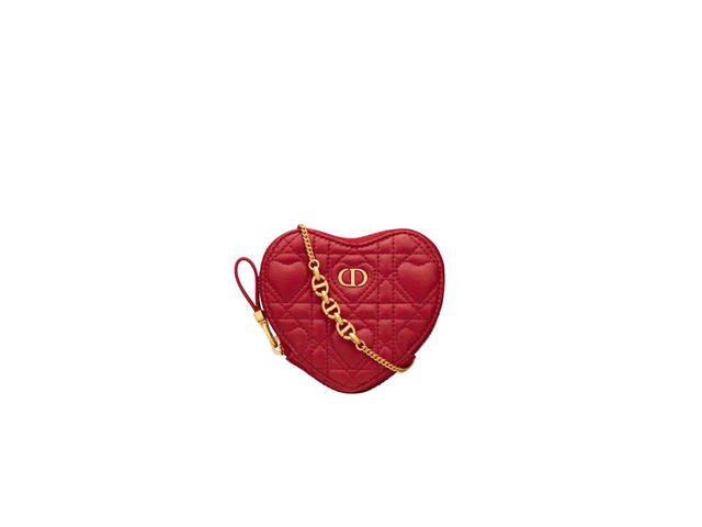 Dior Dior Caro Heart Pouch With Chain In Amaryllis Red Cannage Calfskin With Heart Motif - view 1