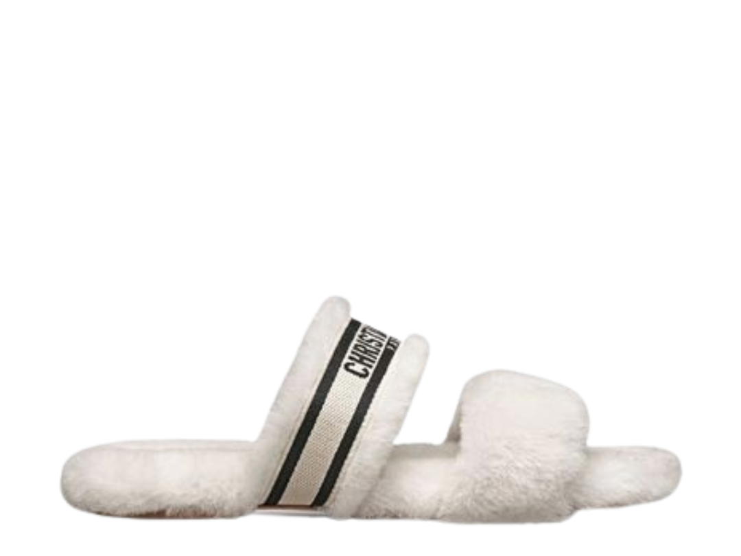 Dior Dior Chez Moi Slide White Embroidered Cotton White Shearling