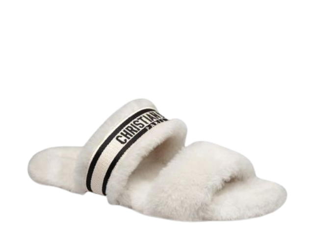 Dior Dior Chez Moi Slide White Embroidered Cotton White Shearling - view 2