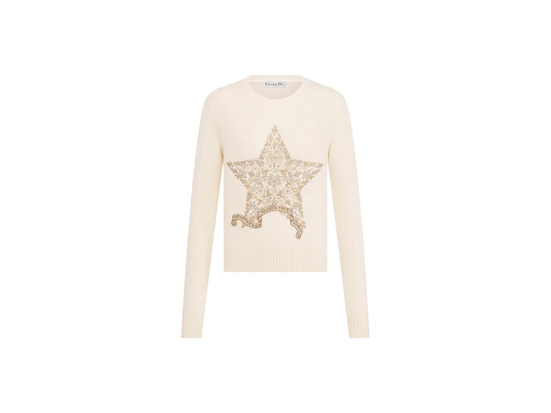 Dior Dior Embroidered Sweater Ecru Cashmere Knit with Gold-Tone Dior Around the World Motif