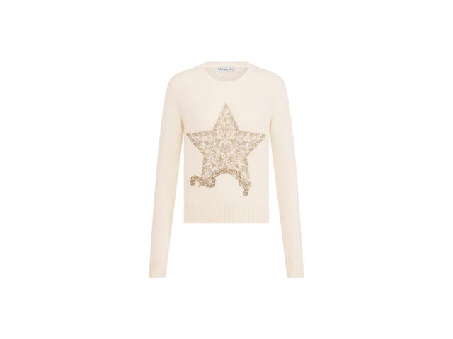 Dior Dior Embroidered Sweater Ecru Cashmere Knit with Gold-Tone Dior Around the World Motif - view 1
