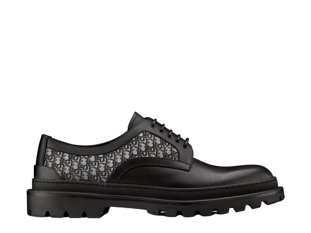 Dior Dior Explorer Derby Shoe In Black Smooth Calfskin And Beige And Black Dior Oblique Jacquard
