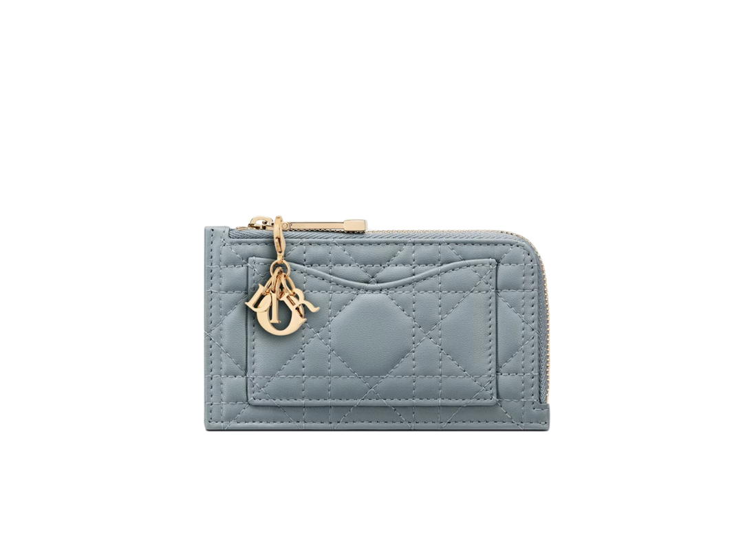 Dior Dior Lady Dior Cosmos Zipped Card Holder In Cloud Blue Cannage Lambskin With Gold-Finish Metal Hardware