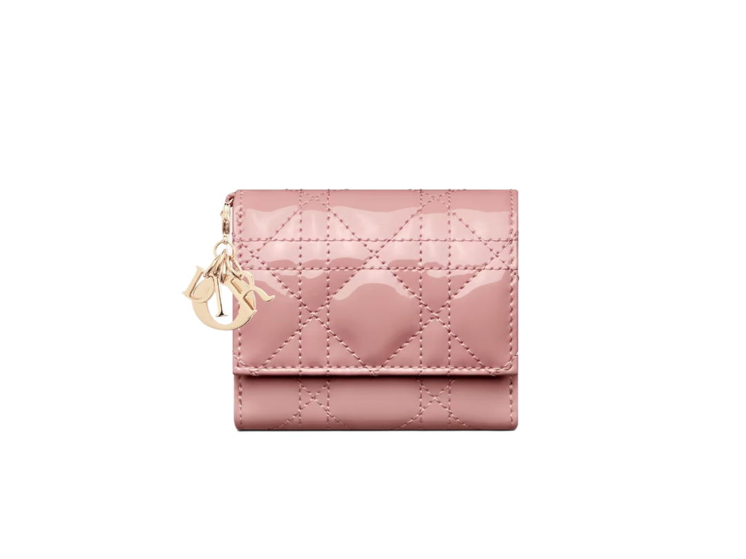 Dior Dior Lady Dior Lotus Wallet In Antique Pink Patent Cannage Calfskin