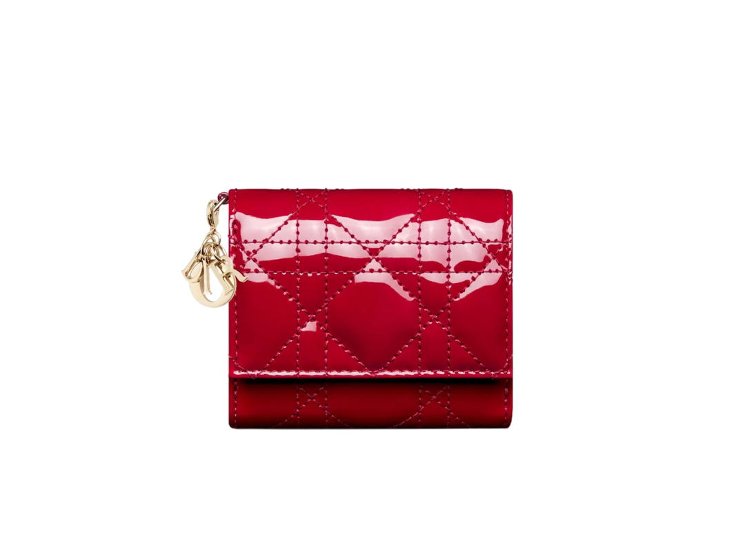Dior Dior Lady Dior Lotus Wallet In Cherry Red Patent Cannage Calfskin