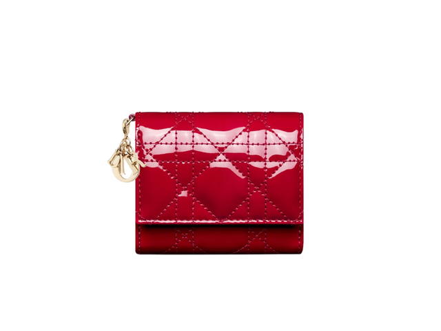 Dior Dior Lady Dior Lotus Wallet In Cherry Red Patent Cannage Calfskin - view 1