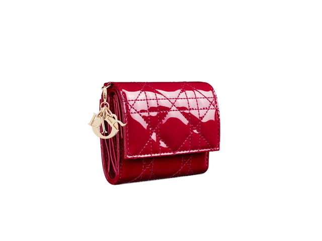Dior Dior Lady Dior Lotus Wallet In Cherry Red Patent Cannage Calfskin - view 2