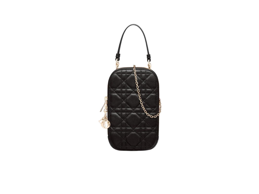 Dior Dior Lady Dior Phone Holder In Black Cannage Lambskin With Gold-Tone Hardware
