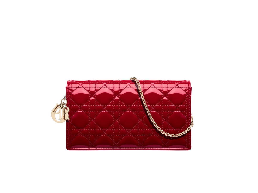 Dior Dior Lady Dior Pouch In Cherry Red Patent Cannage Calfskin
