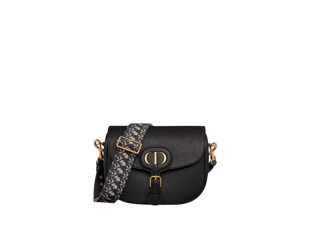 Dior Dior Large Dior Bobby Bag In Grained Calfskin With Blue Dior Oblique Embroidered Shoulder Strap Gold-Tone Hardware Black