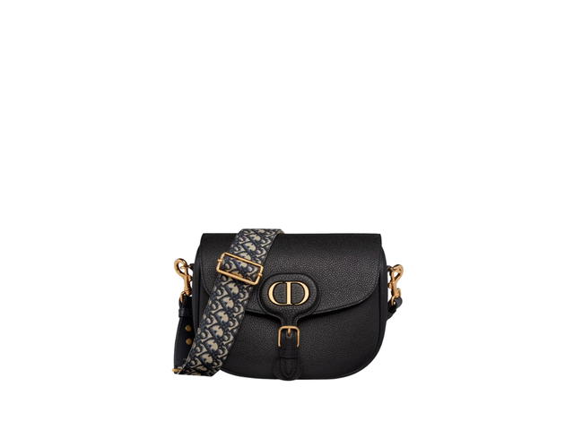 Dior Dior Large Dior Bobby Bag In Grained Calfskin With Blue Dior Oblique Embroidered Shoulder Strap Gold-Tone Hardware Black - view 1