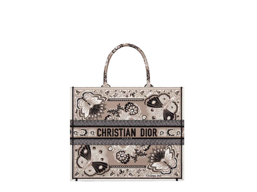 Dior Dior Large Dior Book Tote In Beige Multicolor Butterfly Bandana Embroidery
