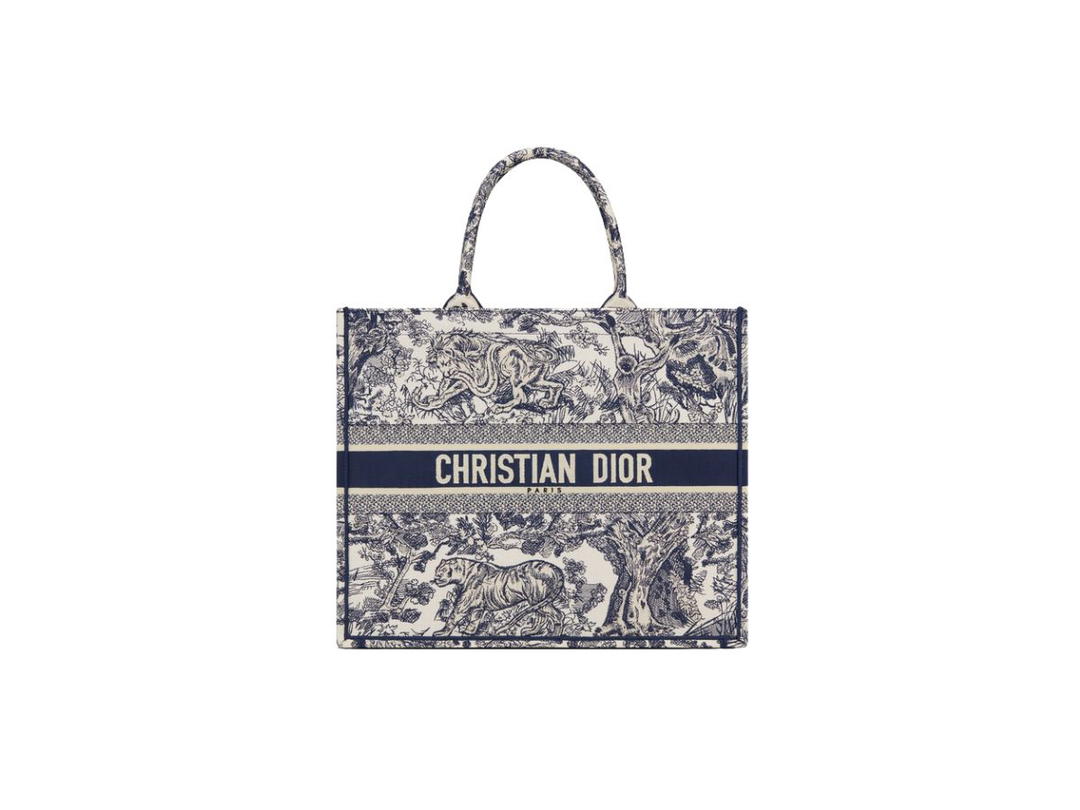 Dior Dior Large Dior Book Tote In Ecru And Blue Toile De Jouy Embroidery