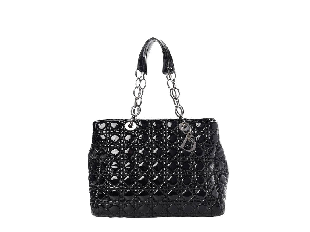 Dior Dior Large Lady Dior Soft Shopping Tote In Patent Cannage With Silver-Finish Metal Black