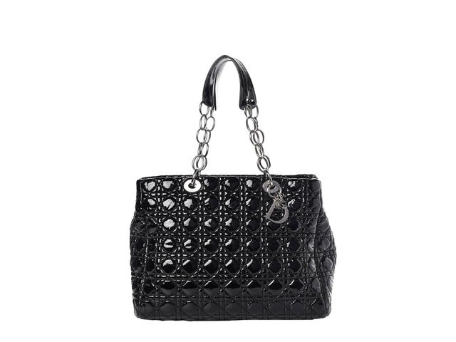 Dior Dior Large Lady Dior Soft Shopping Tote In Patent Cannage With Silver-Finish Metal Black - view 1