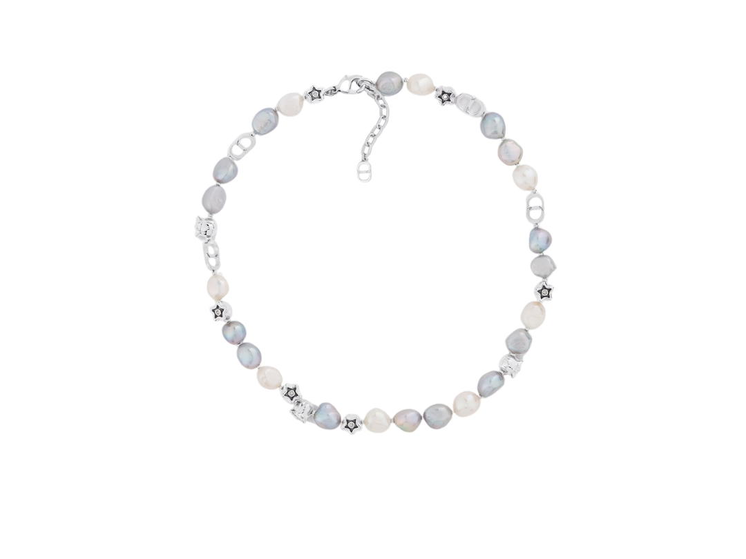 Dior Dior Lily Of The Valley Necklace In Silver-Finish Brass With Gray And White Freshwater Pearls