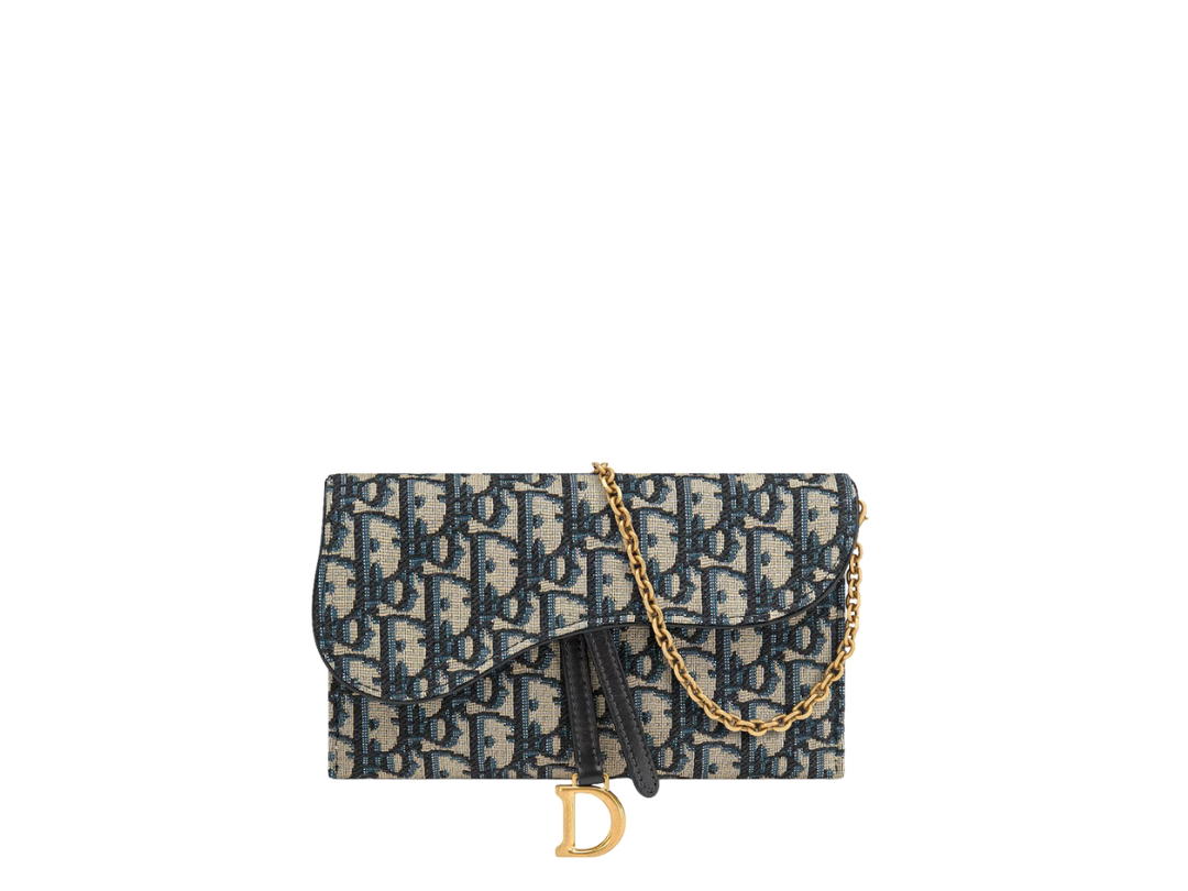 Dior Dior Long Saddle Wallet With Chain Blue Dior Oblique Jacquard