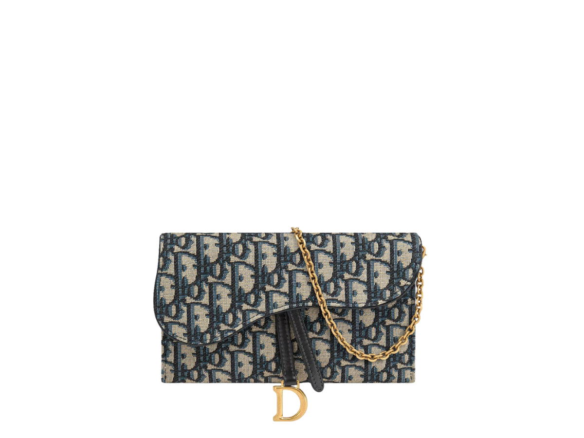 Dior Dior Long Saddle Wallet With Chain Blue Dior Oblique Jacquard
