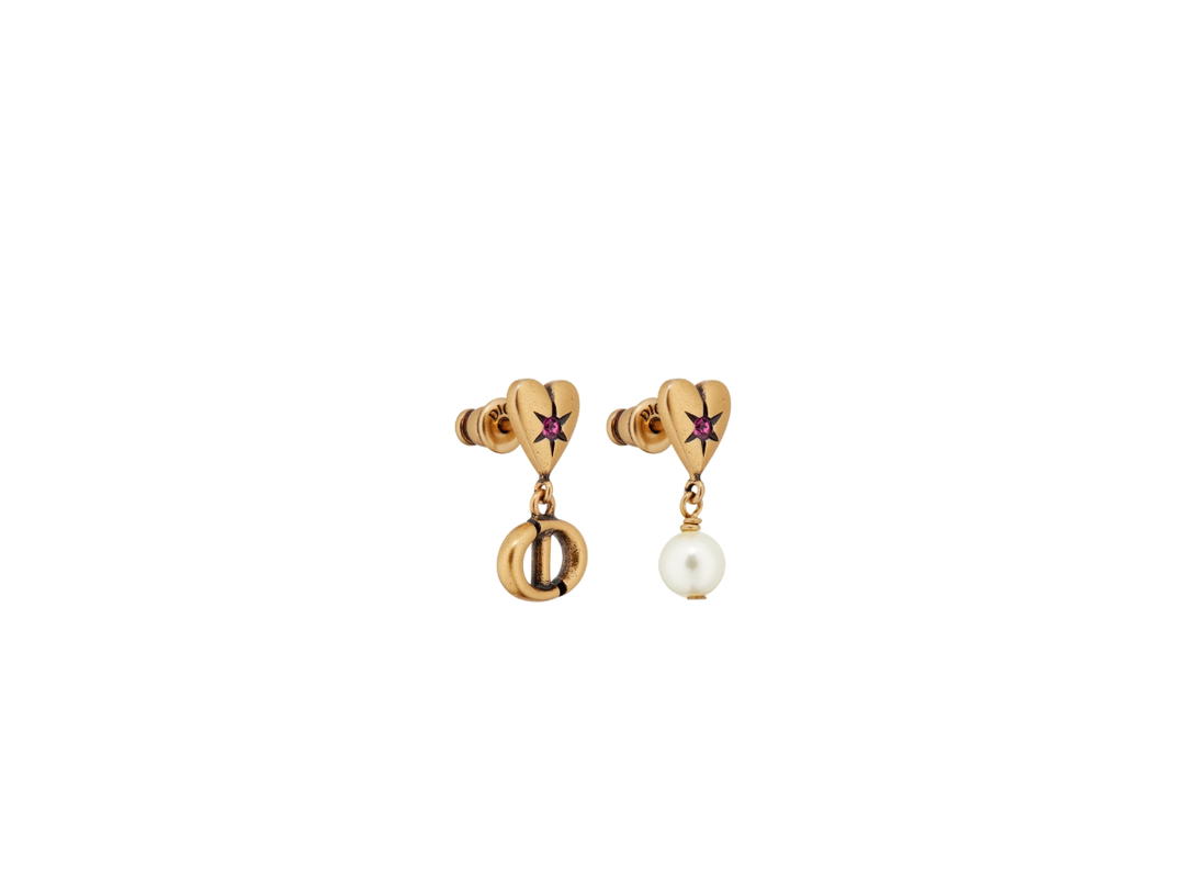 Dior Dior Lucky Charms Earrings In Heart Detailing Antique Gold-finish Metal With A White Resin Pearl And Pink Crystals