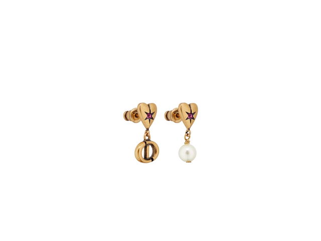 Dior Dior Lucky Charms Earrings In Heart Detailing Antique Gold-finish Metal With A White Resin Pearl And Pink Crystals - view 1