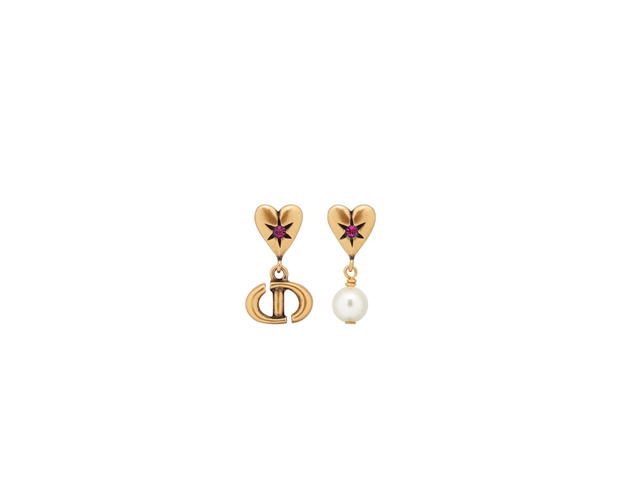 Dior Dior Lucky Charms Earrings In Heart Detailing Antique Gold-finish Metal With A White Resin Pearl And Pink Crystals - view 2
