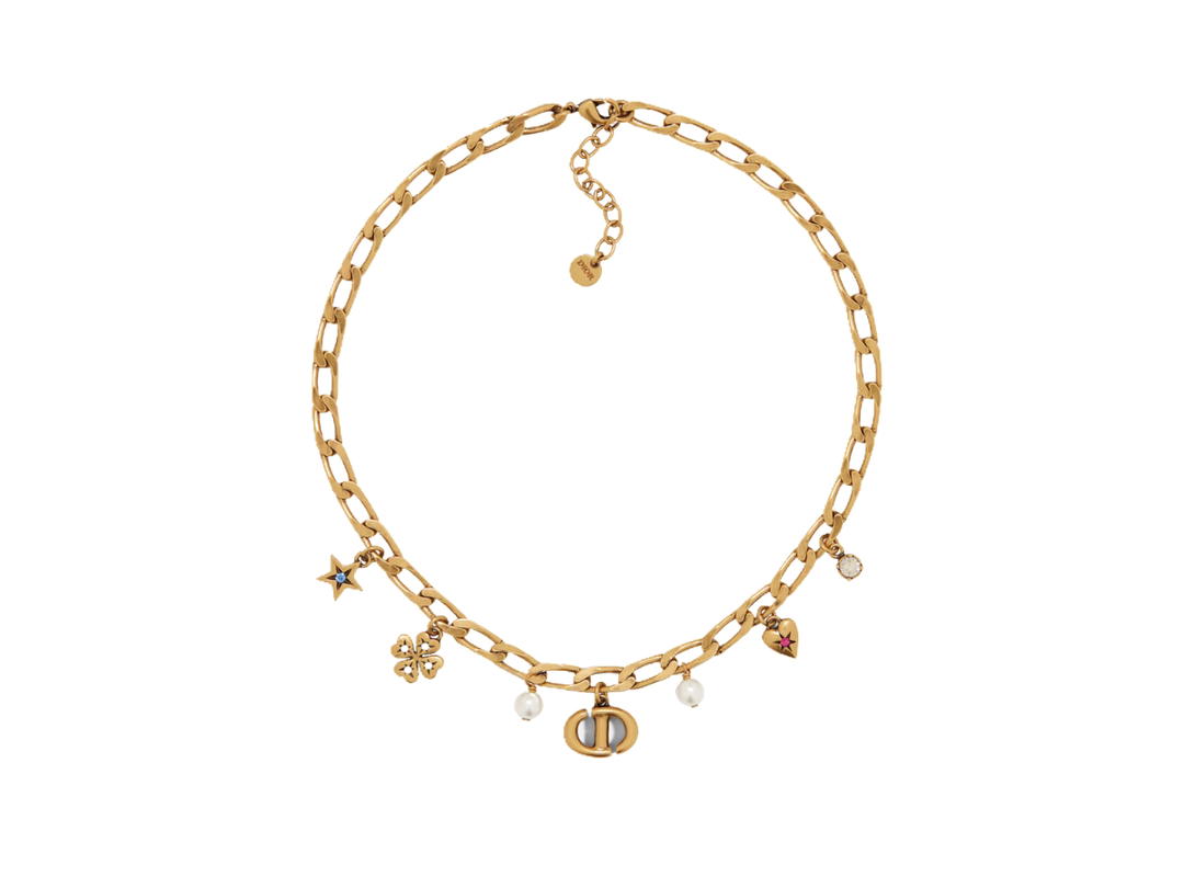 Dior Dior Lucky Charms Necklace In CD Signature Antique Gold-Finish Metal with White Resin Pearls and Multicolor Crystals