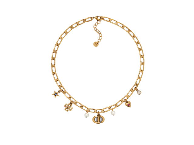 Dior Dior Lucky Charms Necklace In CD Signature Antique Gold-Finish Metal with White Resin Pearls and Multicolor Crystals - view 1