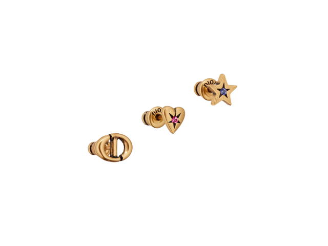 Dior Dior Lucky Charms Set of Stud Earrings In Star And Heart Detailing With Antique Gold-Finish Metal with Pink and Blue Crystals - view 2