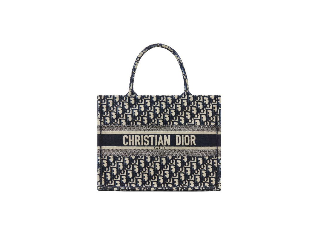 Dior Dior Medium Book Tote In Ecru And Blue Dior Oblique Embroidery