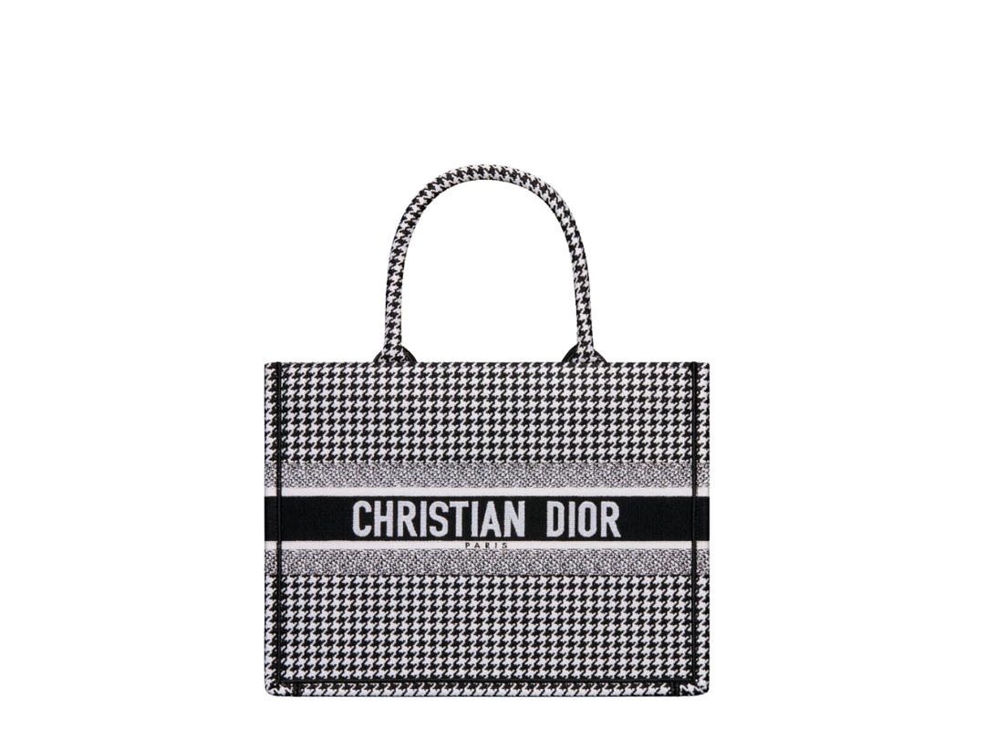 Dior Dior Medium Dior Book Tote In Black-White Houndstooth Embroidery