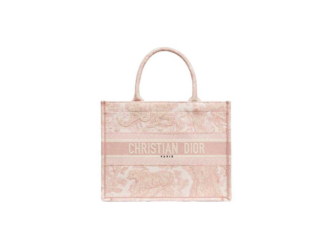 Dior Dior Medium Dior Book Tote In Ecru And Pink Toile De Jouy Embroidery