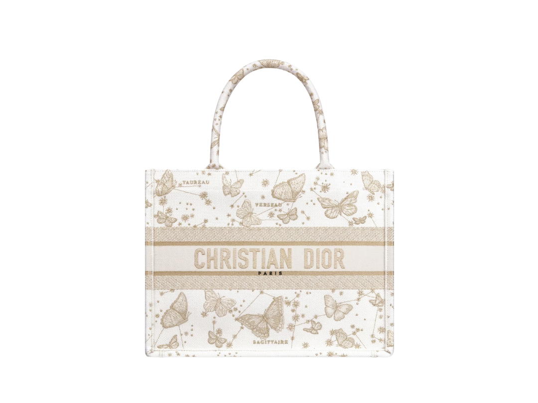 Dior Dior Medium Dior Book Tote In Gold-Tone And White Butterfly Zodiac Embroidery