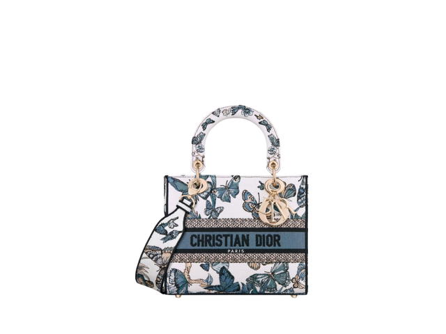 Dior Dior Medium Lady D-Lite Bag In White And Pastel Midnight Blue Toile De Jouy Mexico Embroidery With Pale Gold-Finish Metal - view 1