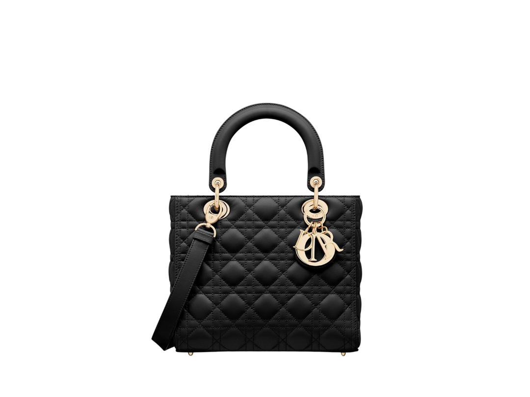 Dior Dior Medium Lady Dior Bag In Black Cannage Calfskin With Gold-Finish Metal Hardware