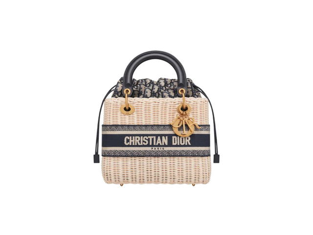 Dior Dior Medium Lady Dior Bag Natural Wicker And Blue Dior Oblique Jacquard - view 1