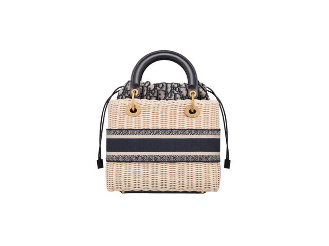 Dior Dior Medium Lady Dior Bag Natural Wicker And Blue Dior Oblique Jacquard - view 2